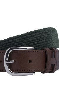 Spleciony zielony elastyczny pasek z brązową skórzaną sekcją i srebrną metalową klamrą; posiada kontrastujące tekstury oraz prostokątny akcent na skórze.