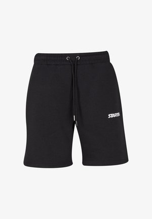 Mustad mustreeritud lühikesed püksid elastse vöökoha, tõmbluku ja valge logo tekstiga. Siledast materjalist, põlveliigese pikkusega disain.