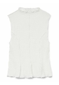 Witte mouwloze top van een textuurachtige, gekreukte stof. Heeft een gerimpelde hals en zij-openingen, wat zorgt voor een ontspannen pasvorm.