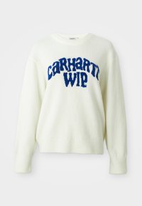 Valge kudumissviiter, millel on sinine karvane "Carhartt WIP" logo rinnal. Ribbitud krae ja alläär, lõdva istuvusega, pehme tekstuur.