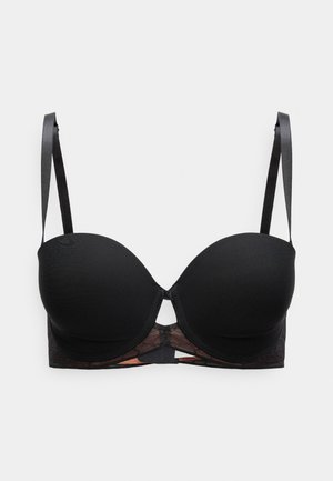 Μαύρο σουτιέν με ενισχυμένα cups, λεπτομέρειες από δαντέλα και ρυθμιζόμενους ιμάντες. Διαθέτει σχεδιασμό με άνοιγμα στο κέντρο και ομαλή υφή.