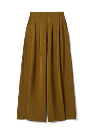 Hoch geschnittene Hose mit weitem Bein aus glänzendem olivgrünem Stoff mit Falten und Seitentaschen.