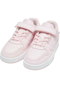 Heledad roosad laste tossud valgete talladega, ees nööritavad ja reguleeritavate takjakinnitustega ülevalt.