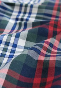 Tissu à carreaux présentant des rayures vertes, bleues, blanches et rouges. La texture est douce avec une finition lisse, disposée en un motif répétitif en damier.