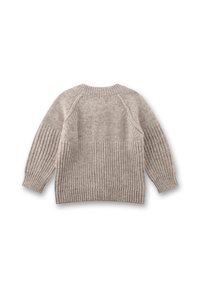 Beige gestrickter Pullover mit geripptem Muster, Rundhalsausschnitt und langen Ärmeln. Die Rückseite zeigt ein glattes Muster mit einem kontrastierenden gerippten Saum.