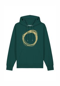 Grüne Kapuzenjacke mit einem goldenen, kreisförmigen Grafikdesign auf der Vorderseite, mit Kordelzug und einer Kängurutasche. Hergestellt aus weichem Stoff.