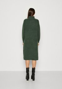 Knee-length grön stickad klänning med hög krage, långa ärmar och sidoflikar. Bärs med svarta klackade ankelstövlar. Mjuk textur.