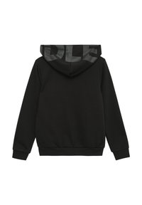 Zwarte hoodie met een gladde textuur, voorzien van een contrasterend zwart logo op de capuchon, geribbelde manchetten en zoom. Eenvoudig ontwerp met een relaxte pasvorm.