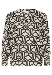 Blouse beige à manches longues avec motif géométrique abstrait noir et col en V, dotée de poignets froncés avec détails élastiques.