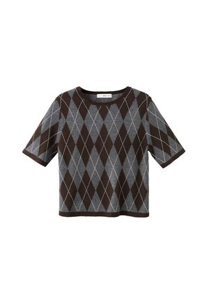 Kortærmet sweater med brun og grå argyle diamantmønster og rund halsudskæring.