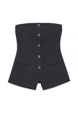 Čierny bezramenkový korzet s šiestimi gombíkmi vzadu, dvoma bočnými vreckami, štruktúrovaným tvarom a hladkou textúrou látky.