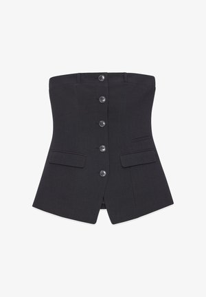 Čierny bezramenkový korzet s šiestimi gombíkmi vzadu, dvoma bočnými vreckami, štruktúrovaným tvarom a hladkou textúrou látky.