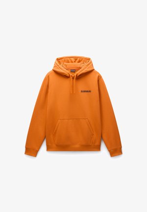 Oranje hoodie gemaakt van zacht katoen. Heeft een voorvak, ribgebreide manchetten en een logo gedrukt op de borst.