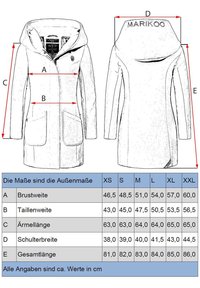 White jacket with a hood, features two front pockets, and measures provided in a table below. Clear design and sizing details visible.