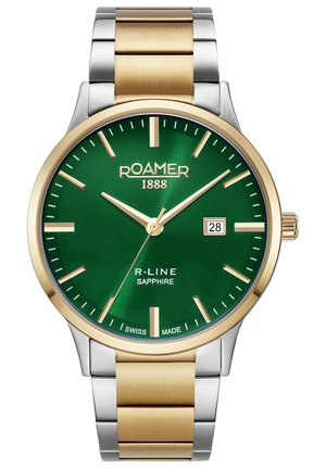 Montre ronde avec un cadran vert, des index d'heure en or et un affichage de date. Bracelet en acier inoxydable argenté et doré avec une finition polie.