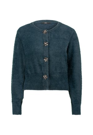Flauschige dunkelgrüne Strickjacke mit Rundhalsausschnitt, fünf dekorativen blumenförmigen Knöpfen und gerippten Bündchen. Weiche Textur und verkürzte Länge.