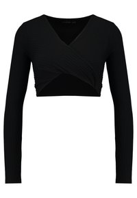 Musta pitkähihainen crop-top, joka on valmistettu ribbed-kangasta. Siinä on syvä V-pääntie ja kietaisusuunnittelu, joka korostaa hoikkaa ja istuvaa linjaa.