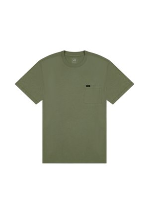 Kort mouw T-shirt van katoen in olijfgroen met ronde hals en een klein borstzakje met een zwart logolabel.