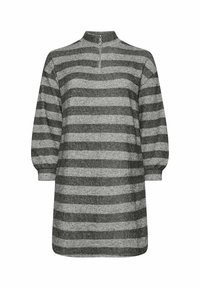 Abito tunica lavorato a maglia con strisce nere e grigie, collo con zip corto e maniche lunghe leggermente a sbuffo con polsini a costine.