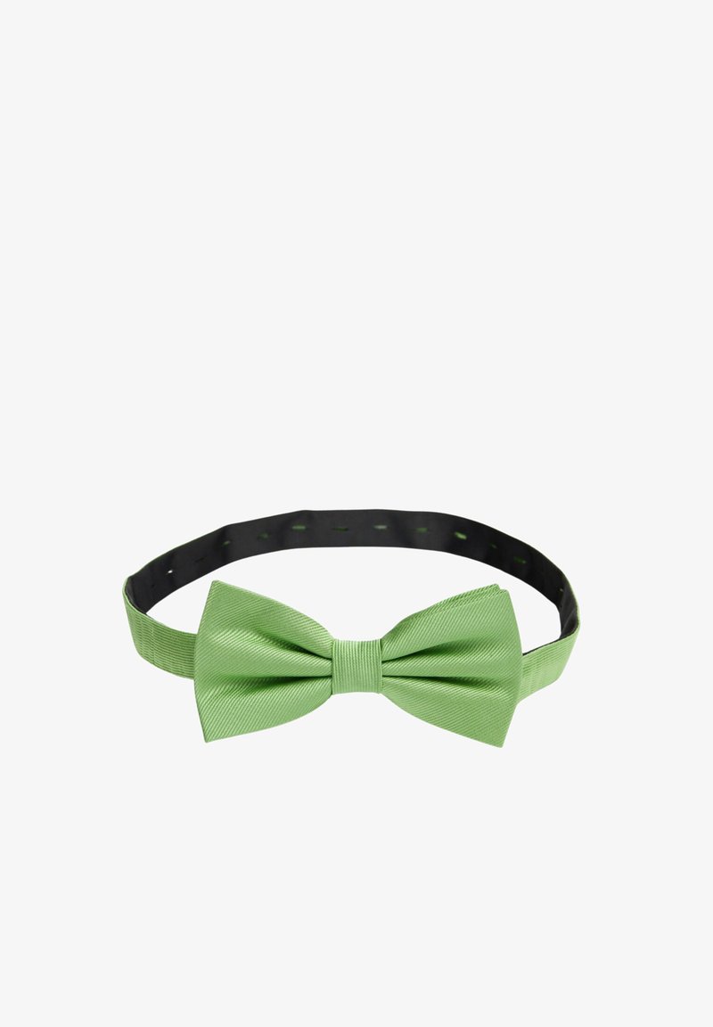 Vihreä satiininauha, jossa on teksturoitu pinta, ja musta säätökaulus, jossa on pyöreitä leikkuureikiä.