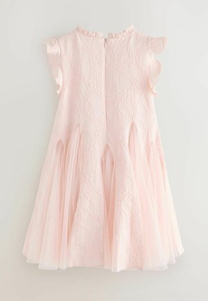 Hellrosa ärmelloses Kleid mit Blumenstickerei, gerafftem Ausschnitt und plissierten Netzpaneelen am Rock, verschlossen mit einem Reißverschluss hinten.