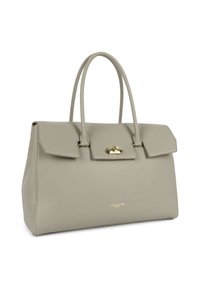 Borsa a mano in pelle beige con design strutturato, due manici superiori e chiusura in metallo dorato. Presenta una texture liscia e accenti minimalisti.