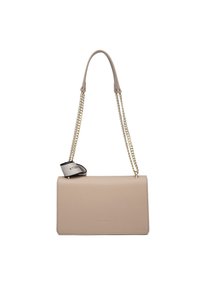 Borsa a mano in pelle beige con un design minimalista, dotata di una tracolla in catena dorata e di un'etichetta in tessuto con il marchio attaccata al manico.
