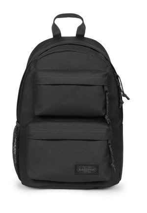 Sac à dos Eastpak noir avec deux poches zippées à l'avant, poignée rembourrée et poche latérale en mesh, présenté sur fond blanc.