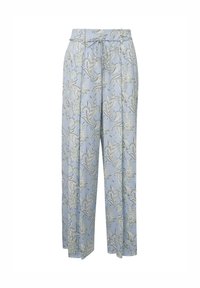 Pantalon ample bleu clair avec des motifs floraux blancs et gris et une taille ajustable à cordon.