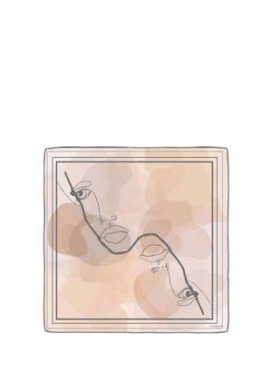 Abstrakt beige og brun akvarelbagrund med kontinuerlig linjetegning af to overlappende ansigter og minimal sort kant.