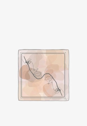 Abstrakt beige og brun akvarelbagrund med kontinuerlig linjetegning af to overlappende ansigter og minimal sort kant.