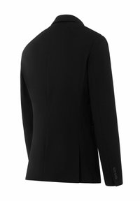 Schwarzer Blazer mit glatter Textur, tailliertem Design und Reverskragen. Verfügt über einen Schlitzt hinten und Knopfdetails an den Ärmeln.