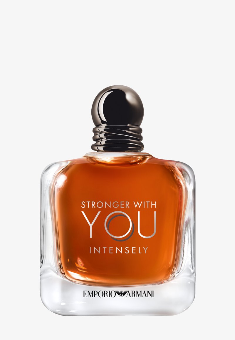 Glass perfume bottle with a rounded black cap, featuring an orange liquid inside. Label reads "STRONGER WITH YOU INTENSELY" and "EMPORIO ARMANI."