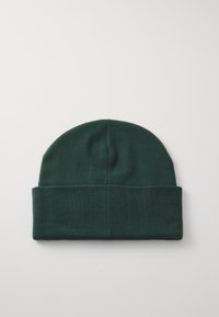 Zelená pletená čepice s ohrnutým manžetovým lemem. Hladká textura, zaoblená horní část a rovnoměrné švy po celém obvodu. Jednoduchý a funkční design.