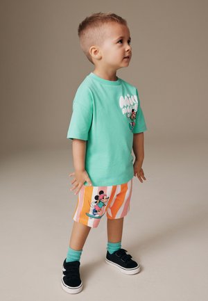 Kleinkind trägt ein grünes Mickey-Mouse-T-Shirt, orange-rosa gestreifte Shorts mit einem Skateboard-Mickey-Aufdruck, türkisfarbene Socken und schwarze Turnschuhe.