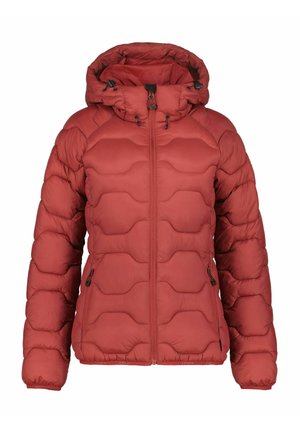 Rode geïsoleerde pufferjas met een capuchon, voorzien van een doorgestikt ontwerp, een rits aan de voorkant en elastische boorden voor extra warmte en comfort.