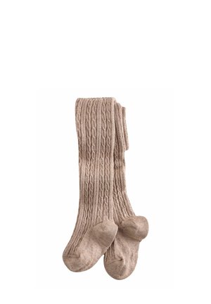 Beige kabelstrikkede sokker med et struktureret mønster, der har en ribbet design og forstærkede tæer og hæle for holdbarhed.