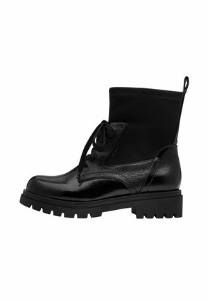 Black lace-up ankle boot with chunky sole and mixed smooth and textured leather upper, featuring a fabric pull tab at the back.