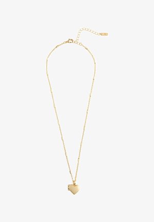 Zarte goldene Halskette mit kleinen Stäbchen und einem herzförmigen Medaillon-Anhänger, ausgestattet mit einem verstellbaren Karabinerverschluss.