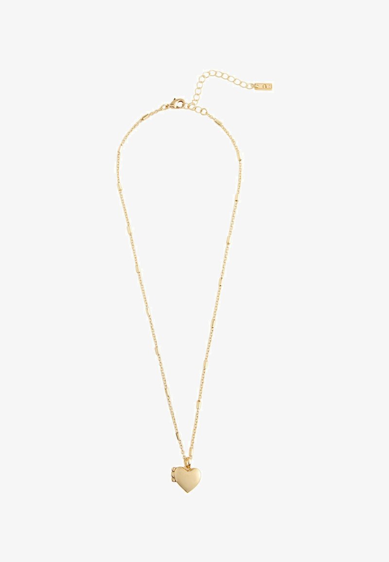 Zarte goldene Halskette mit kleinen Stäbchen und einem herzförmigen Medaillon-Anhänger, ausgestattet mit einem verstellbaren Karabinerverschluss.