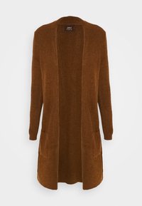 Cardigan lungo marrone con texture a coste, design aperto davanti, due tasche anteriori e maniche lunghe. Nessun bottone o fodera visibile.