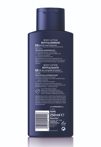Dark blue 250ml Nivea body lotion bottle with multilingual text detailing revitalizing formula, ingredients, and product certifications.