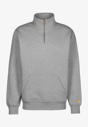Sweat-shirt gris à fermeture éclair quart de zip avec poche kangourou, poignets et ourlet côtelés, et petit écusson logo sur la manche gauche.
