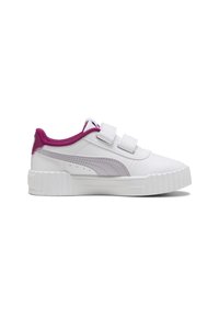 Sneaker sintetiche bianche con due strap in velcro, dettagli viola sul tallone e sulla linguetta, e una suola bianca spessa e texturizzata.
