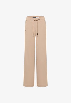 Pantalones de pierna ancha beige, hechos de una tela suave, con una cinturilla elástica y cordón ajustable, y bolsillos laterales. Textura suave y sin patrones.