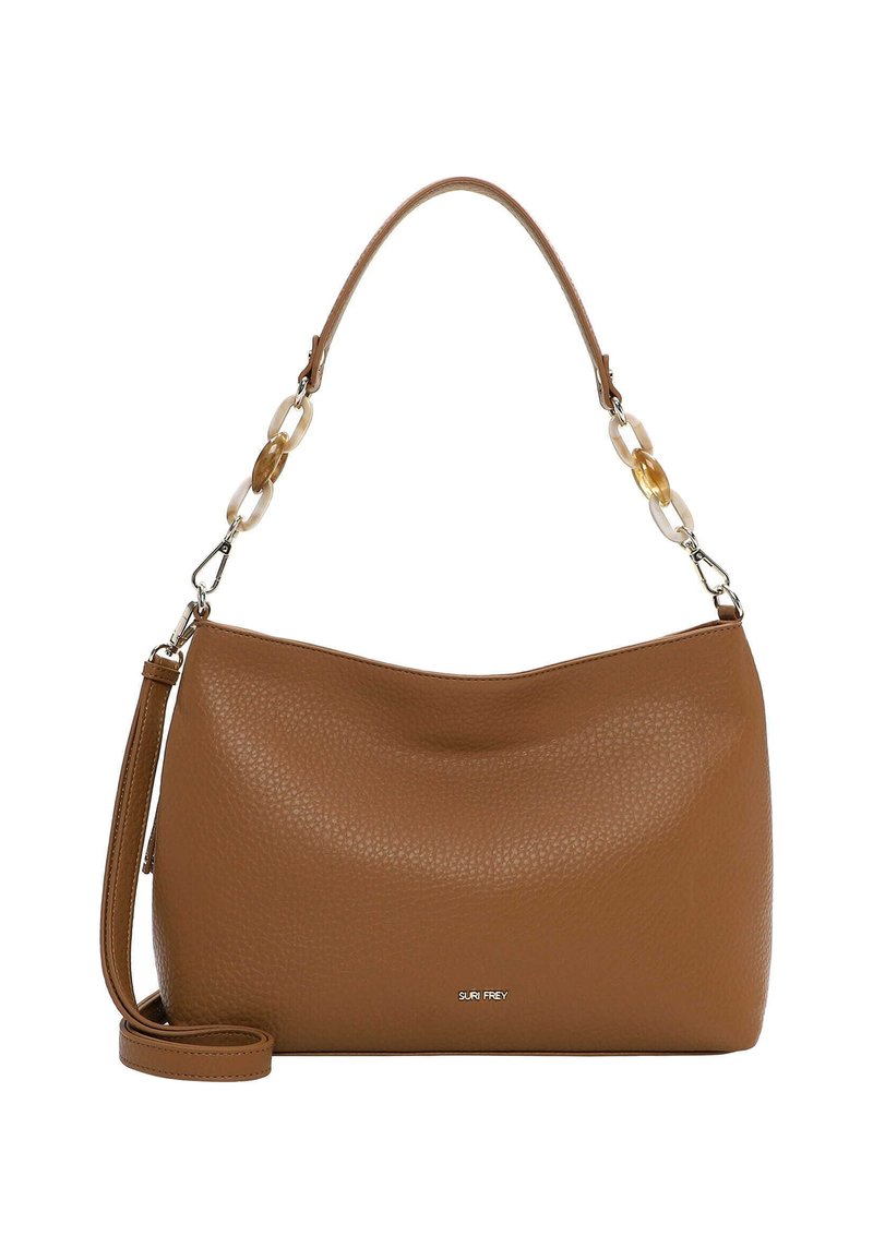 Ruskean nahkaisen olkalaukun pehmeä, teksturoitu pinta. Varustettu lyhyellä kahvalla ja säädettävällä ristiin kantohihnalla, jossa koristeelliset hartsilinkit.