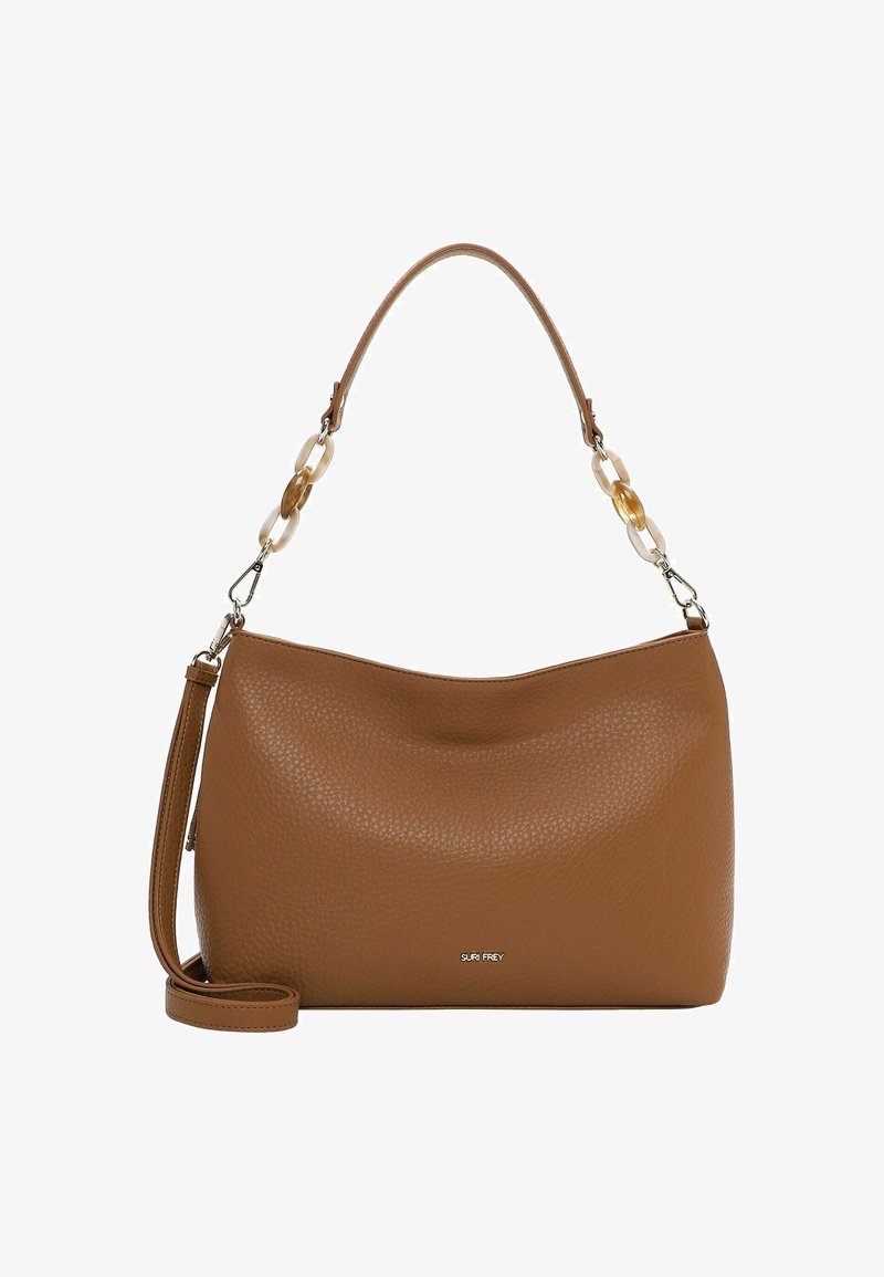 Brązowa skórzana torebka o miękkiej, fakturowanej powierzchni. Posiada krótki uchwyt oraz regulowany pasek noszony na ramieniu z ozdobnymi żywicznymi ogniwami.