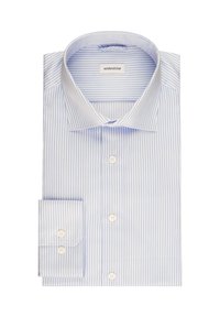 Lichtblauw en wit gestreept overhemd met een puntcollar, lange mouwen en knopenmanchetten. Gemaakt van soepele stof met een standaard pasvorm.