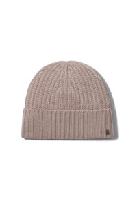 Strickmütze in Hellbeige mit einem strukturierten Muster, ausgestattet mit einem gerippten Saum und einem kleinen Logoschild an der Seite. Weiches, warmes Material.