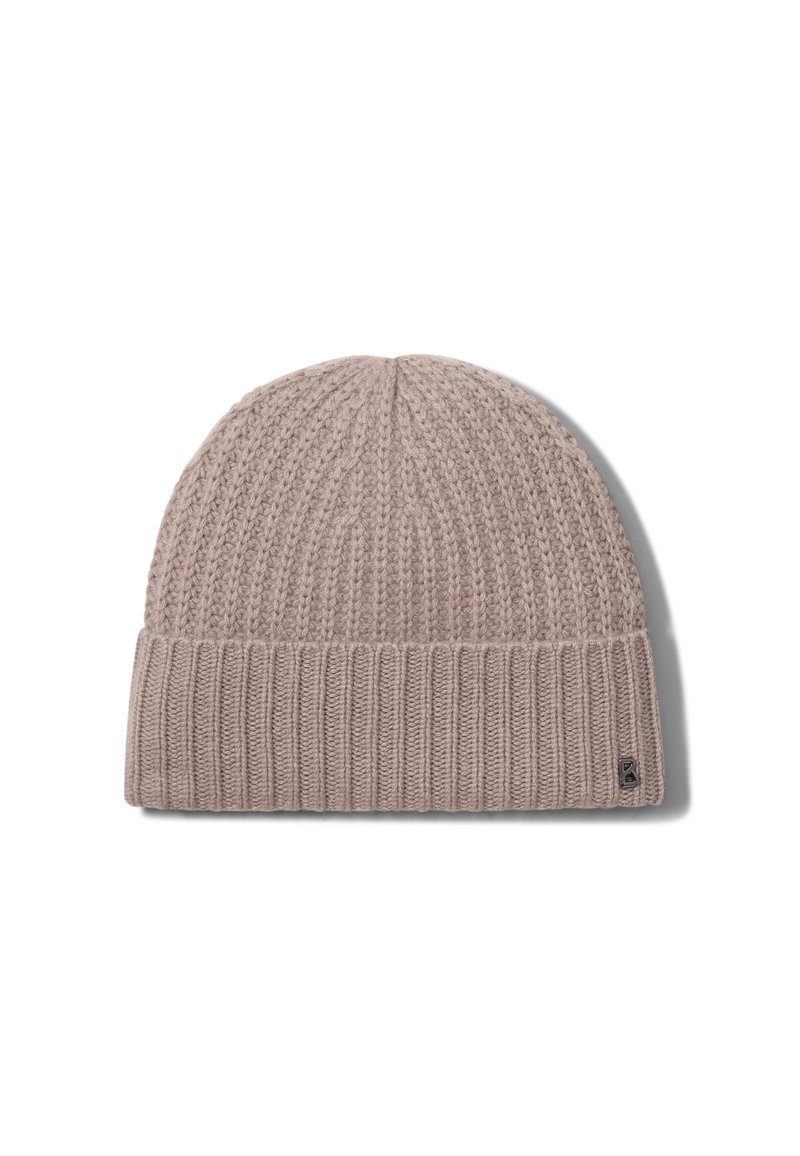 Strickmütze in Hellbeige mit einem strukturierten Muster, ausgestattet mit einem gerippten Saum und einem kleinen Logoschild an der Seite. Weiches, warmes Material.